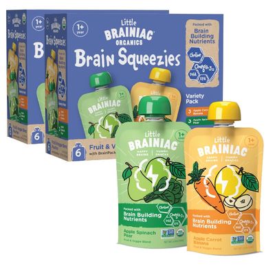 Little Brainiac Variety Pack Organic Fruit  Veggie Snack Brain Boosting Toddler Pouches, Two Flavor Variety Pack, with Omega-3s DHAEPA and Choline, Clean Label, BPA-Free, Non-GMO, 3.5 oz, Pack of 12