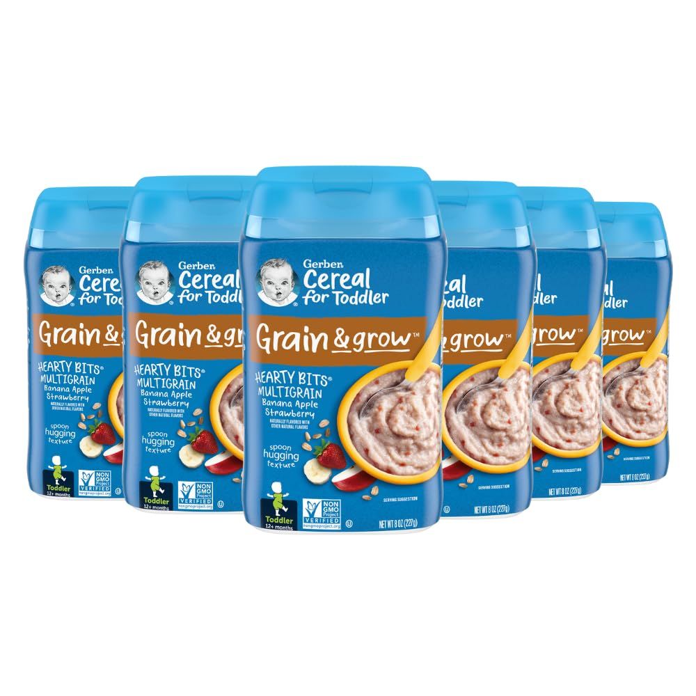 Gerber Cereal for Toddler Grain and Grow, Hearty Bits Multigrain Baby Cereal, Banana Apple Strawberry, 8 oz Canister (6 Pack)