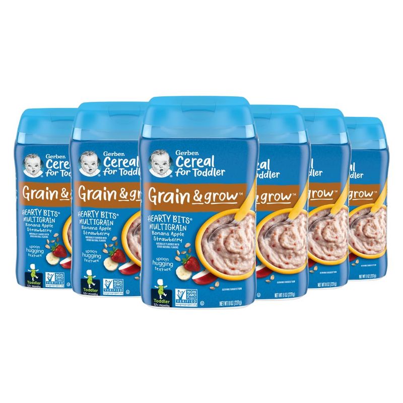 Gerber Cereal for Toddler Grain and Grow, Hearty Bits Multigrain Baby Cereal, Banana Apple Strawberry, 8 oz Canister (6 Pack)
