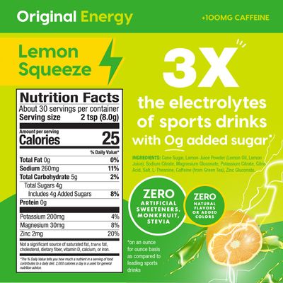 HYDRANT Energy Bulk Electrolyte Drink Mix, Caffeine  L-Theanine Rapid Hydration Mix with Real Fruit Juice Powder, Sweetened with Cane Sugar (30 Servings, Lemon Squeeze)