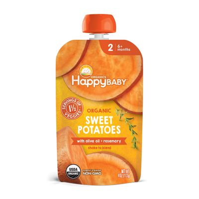 Happy Baby Organics Savory Blends Stage 2 Baby Food, Sweet Potatoes with Olive Oil  Rosemary, 4 Ounce Pouch (Pack of 16)