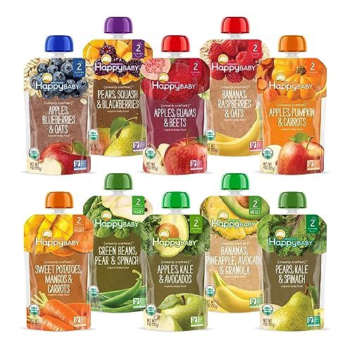 Happy Baby Organics Stage 2 Baby Food Pouches, Gluten Free, Vegan  Healthy Snack, Clearly Crafted Fruit  Veggie Puree, Fruit  Veggie Variety Pack, 4 Ounces (Pack of 10), Amazon Exclusive