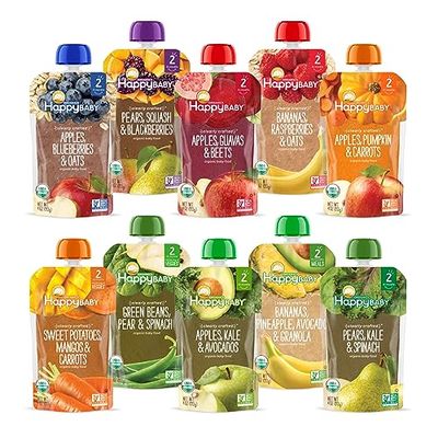 Happy Baby Organics Stage 2 Baby Food Pouches, Gluten Free, Vegan  Healthy Snack, Clearly Crafted Fruit  Veggie Puree, Fruit  Veggie Variety Pack, 4 Ounces (Pack of 10), Amazon Exclusive