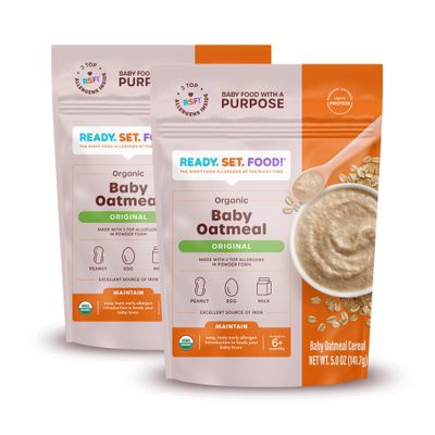 Ready Set Food Organic Baby Oatmeal Cereal - Safe  Easy Early Allergen Exposure for Babies 6 Months, Organic Baby Food with 3 Top Allergens: Organic Peanuts, Egg, and Milk (Original, 2-Pack)