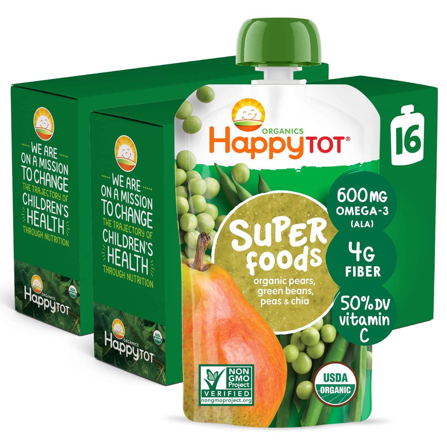 Happy Tot Organics Stage 4 Baby Food Pouches, Gluten Free, Vegan Snack, SuperFoods Fruit  Veggie Puree, Pears, Peas, Green Beans  Chia, 4.22 Ounce (Pack of 16)