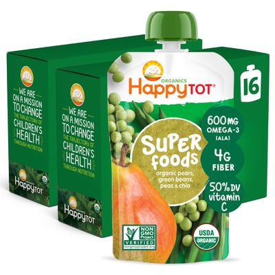 Happy Tot Organics Stage 4 Baby Food Pouches, Gluten Free, Vegan Snack, SuperFoods Fruit  Veggie Puree, Pears, Peas, Green Beans  Chia, 4.22 Ounce (Pack of 16)