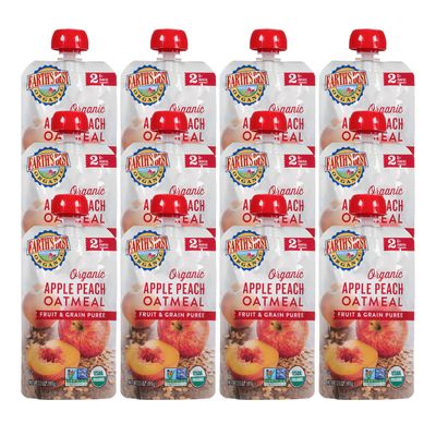 Earth&#39;s Best Organic Baby Food Pouches, Stage 2 Fruit and Grain Puree for Babies 6 Months and Older, Organic Apple Peach and Oatmeal Puree, 3.5 oz Resealable Pouch (Pack of 12)