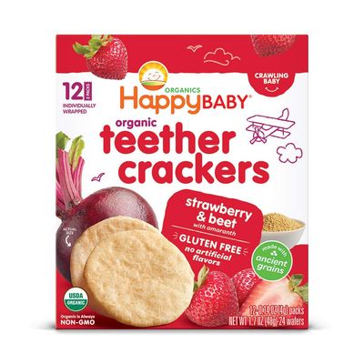 Happy Baby Organics Baby Snacks, Gentle Teething Crackers, Gluten Free  Vegan, Strawberry  Beet, 12 Count (Pack of 6)