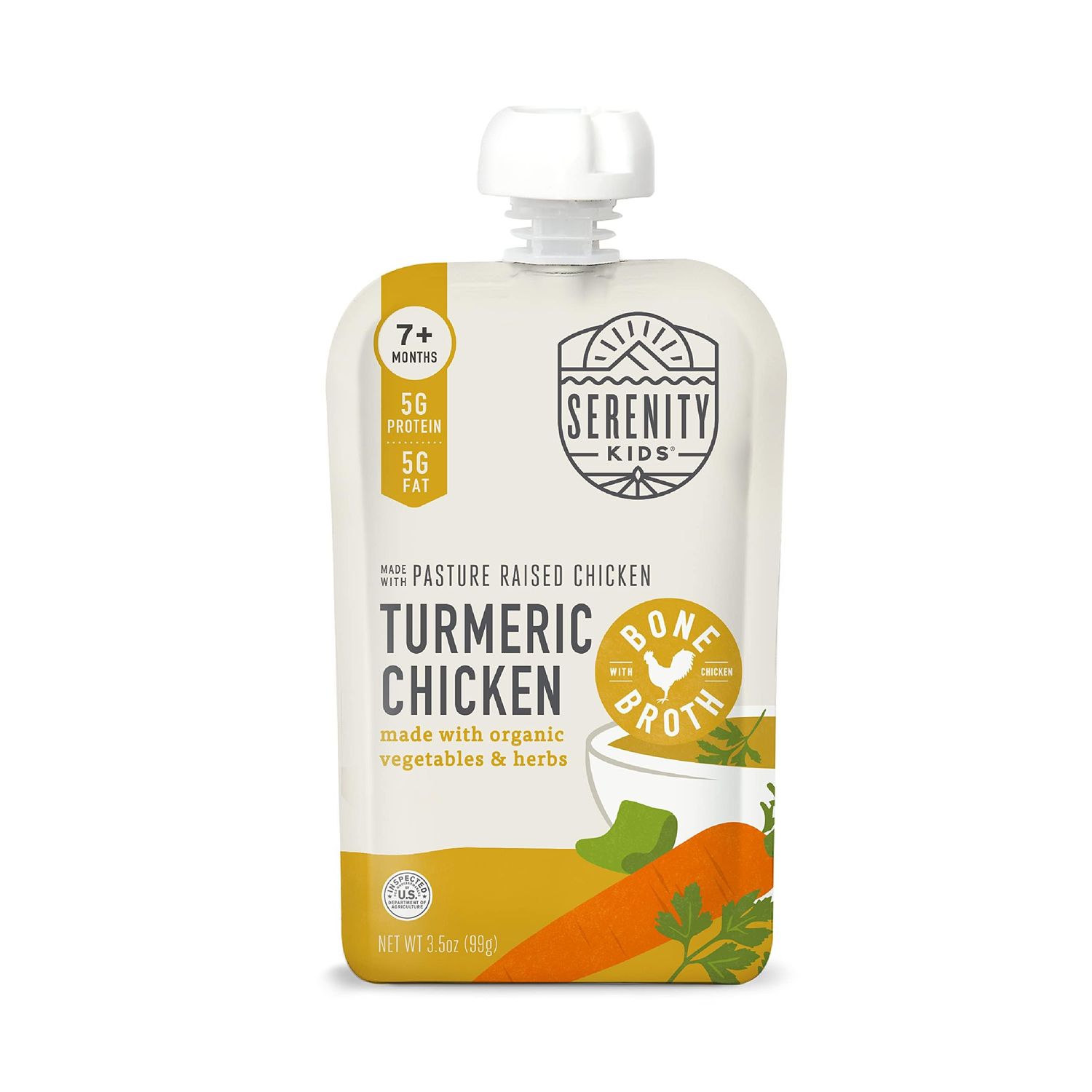 Serenity Kids Bone Broth Puree Made With Organic Veggies | Clean Label Project Purity Award Certified | 3.5 Ounce BPA-Free Pouch | Free Range Turmeric Chicken | 1 Count