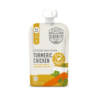 Serenity Kids Bone Broth Puree Made With Organic Veggies | Clean Label Project Purity Award Certified | 3.5 Ounce BPA-Free Pouch | Free Range Turmeric Chicken | 1 Count