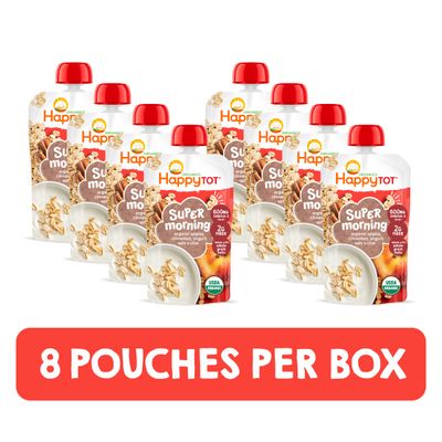 Happy Tot Organics Stage 4 Baby Food Pouches, Gluten Free, Super Morning Fruit  Oat Blend, Apple, Cinnamon, Yogurt, Oats  Chia, 4 Oz (Pack of 8)
