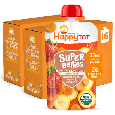Happy Tot Organics Stage 4 Baby Food Pouches, Gluten Free, Vegan Snack, Super Bellies, Fruit  Veggie Puree, Banana, Carrot  Strawberry 4 Ounce (Pack of 16)