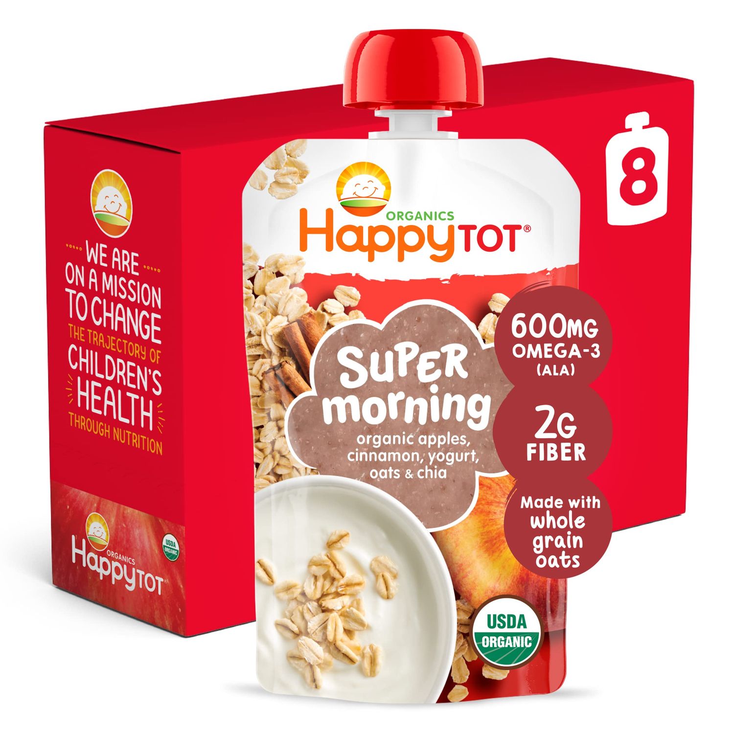 Happy Tot Organics Stage 4 Baby Food Pouches, Gluten Free, Super Morning Fruit  Oat Blend, Apple, Cinnamon, Yogurt, Oats  Chia, 4 Oz (Pack of 8)
