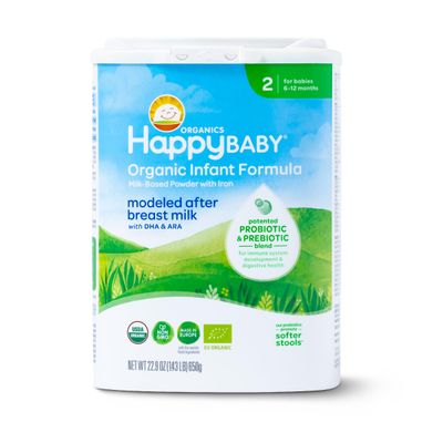 Happy Baby Organics Stage 2 Infant Formula, 6-12 Months, Milk Based Organic Baby Formula Powder with Iron, Probiotics  Prebiotics for Immune  Digestive Support, 22.9 Ounce (Pack of 1)