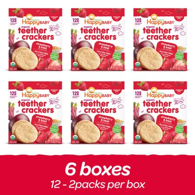Happy Baby Organics Baby Snacks, Gentle Teething Crackers, Gluten Free  Vegan, Strawberry  Beet, 12 Count (Pack of 6)