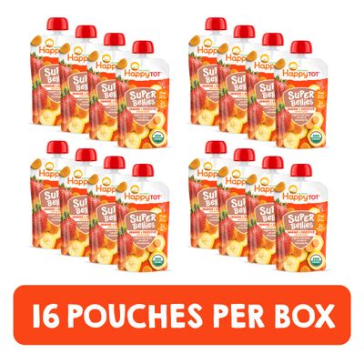 Happy Tot Organics Stage 4 Baby Food Pouches, Gluten Free, Vegan Snack, Super Bellies, Fruit Veggie Puree, Banana, Carrot Strawberry 4 Ounce (Pack of 16)