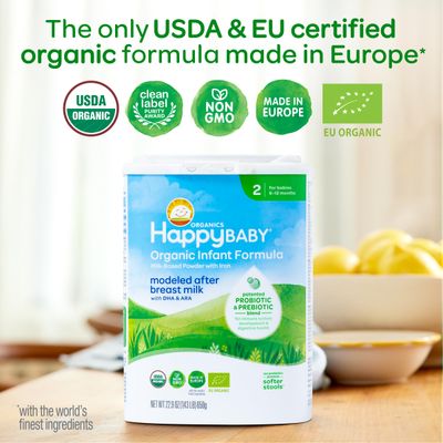 Happy Baby Organics Stage 2 Infant Formula, 6-12 Months, Milk Based Organic Baby Formula Powder with Iron, Probiotics Prebiotics for Immune Digestive Support, 22.9 Ounce (Pack of 1)