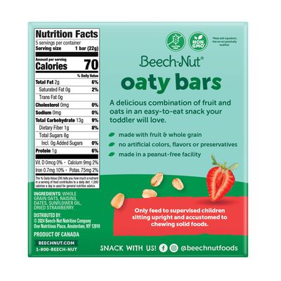 Beech-Nut Toddler Snacks Oaty Bars Granola Bars for Babies Toddlers, Fruit Whole Grain Strawberry Snack Bar, Gluten Free Toddler Snack, 6 Boxes (30 Individually Wrapped Bars)