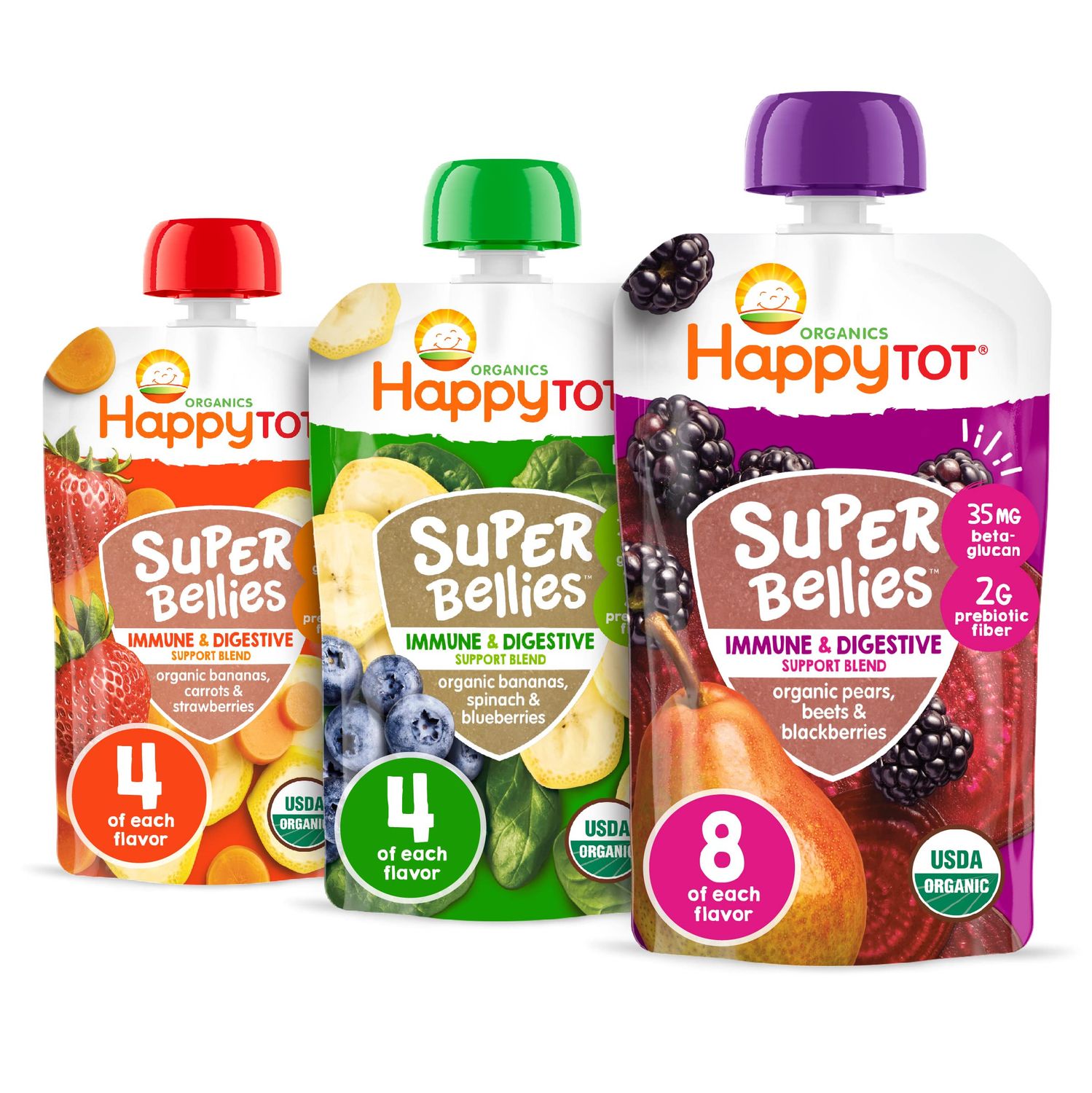 Happy Tot Organics Stage 4 Baby Food Pouches, Gluten Free, Vegan Snack, Super Bellies, Fruit  Veggie Puree, Variety Pack, 4 Ounce (Pack of 16), Amazon Exclusive
