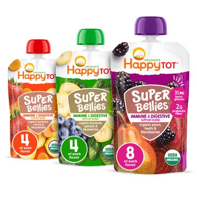 Happy Tot Organics Stage 4 Baby Food Pouches, Gluten Free, Vegan Snack, Super Bellies, Fruit  Veggie Puree, Variety Pack, 4 Ounce (Pack of 16), Amazon Exclusive