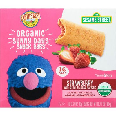 Earth&#39;s Best Organic Kids Snacks, Sesame Street Toddler Snacks, Organic Sunny Days Snack Bars for Toddlers 2 Years and Older, Strawberry with Other Natural Flavors, 16 Bars Per Box