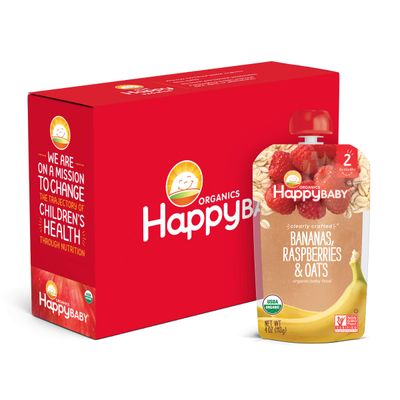 Happy Baby Organics Stage 2 Baby Food Pouches, Gluten Free, Vegan  Healthy Snack, Clearly Crafted Fruit  Veggie Puree, Apples Blueberries  Oats, 4 Ounces (Pack of 8)
