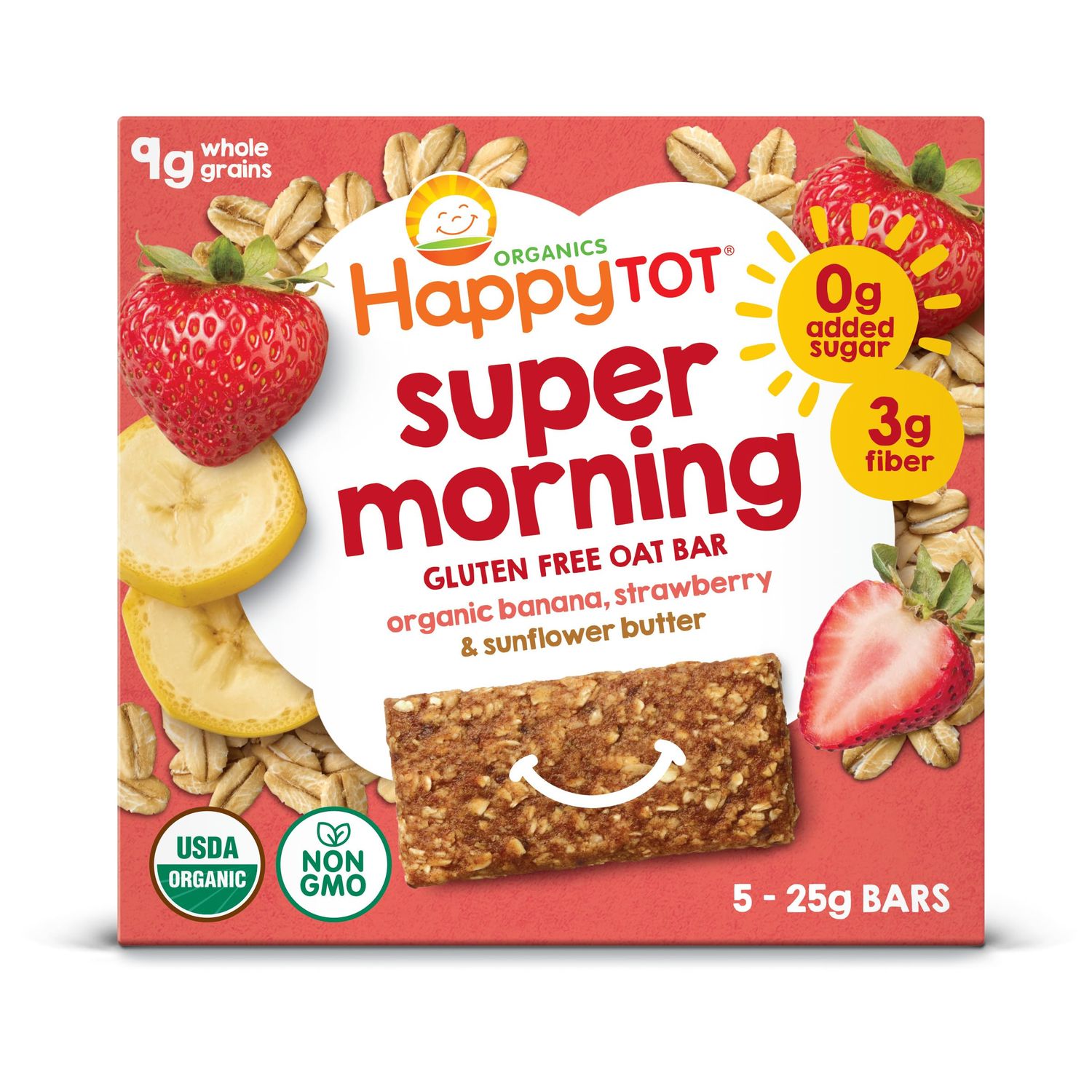 Happy Tot Organics Super Foods Oat Bars, Bananas, Strawberries  Sunflower Butter, 5 Count (Pack of 6)