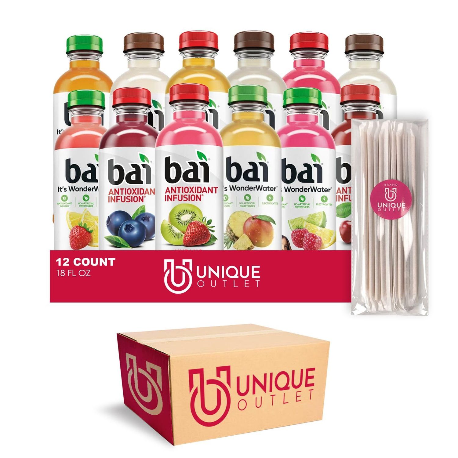 Bai Collection 12-Pack Antioxidant Infused Drink 18 fl oz Plastic Bottle  25 Sugarcane Food Grade Disposable Straws by Unique Outlet Brand