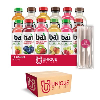 Bai Collection 12-Pack Antioxidant Infused Drink 18 fl oz Plastic Bottle  25 Sugarcane Food Grade Disposable Straws by Unique Outlet Brand