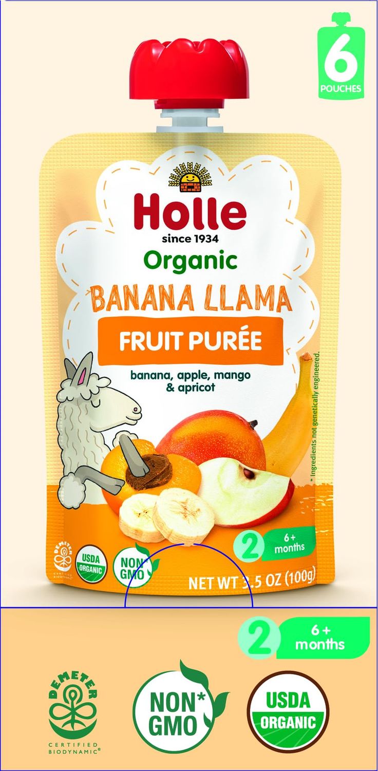 Holle Organic Baby Food Pouches - Banana Llama Baby Puree with Banana, Apple, Mango and Apricot - (6 Pack) Organic Baby Snacks  Fruit and Veggie Pouches for Weaning Babies 6 Months and Older
