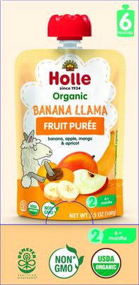 Holle Organic Baby Food Pouches - Banana Llama Baby Puree with Banana, Apple, Mango and Apricot - (6 Pack) Organic Baby Snacks  Fruit and Veggie Pouches for Weaning Babies 6 Months and Older