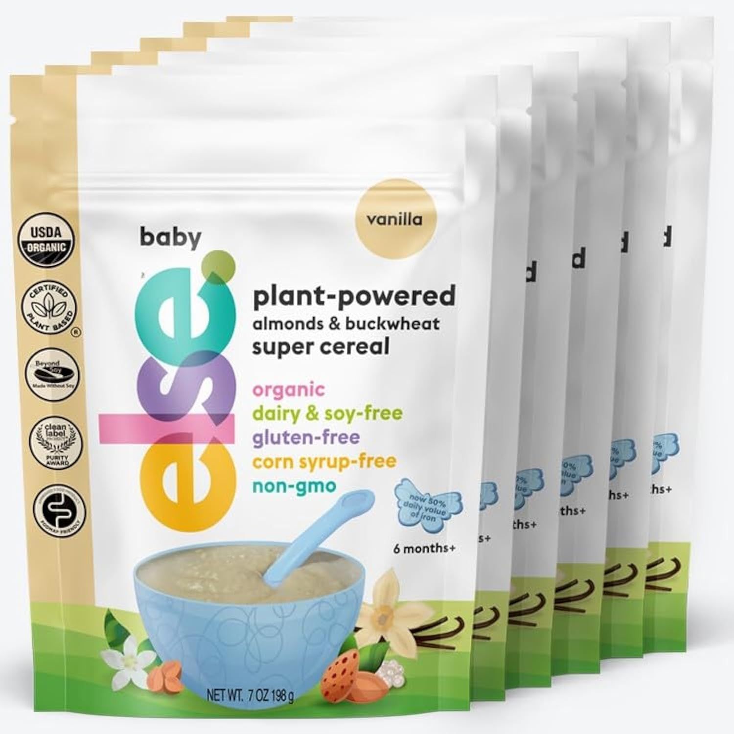 ELSE NUTRITION Super Cereal for Babies 6 mo, Made with Real Whole Plants for a Nutritionally Balanced Meal, with Gluten Free Carbs and Plant Protein (Vanilla, 6 Pack)
