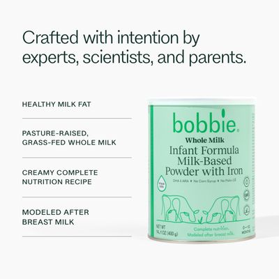 Bobbie Whole Milk, Grass Fed Infant Formula, Milk-Based Powder with Iron, Plant Based DHA  ARA, Vitamin D and Protein Blend Modeled After Breast Milk, Newborn to 12 Months Old, 14.1 oz