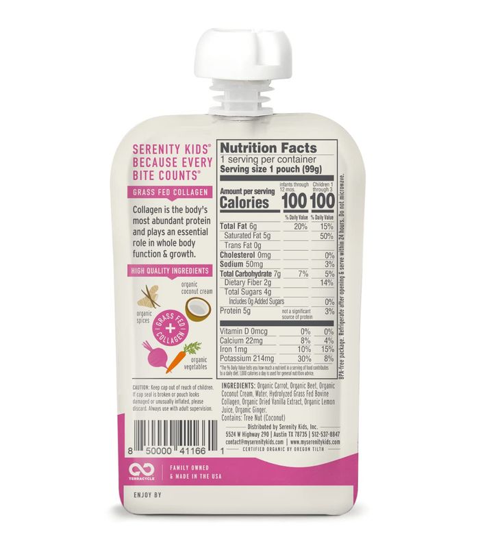 Serenity Kids 6 Months Dairy-Free Smoothie Baby Food | USDA Organic | Grass Fed Collagen Protein | 3.5 Ounce BPA-Free Pouch | Beet  Carrot | 1 Count