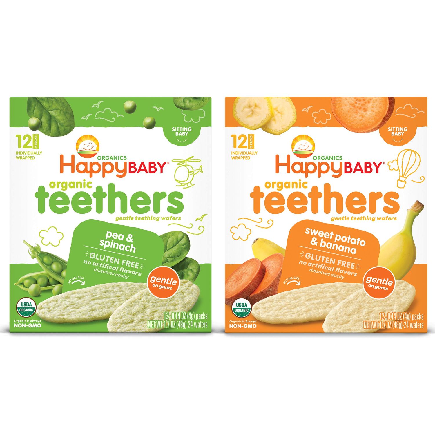 Happy Baby Organics Gluten Free Organic Teethers 2 Flavor Variety Pack (Pea  SpinachSweet Potato  Banana), 12 Count (Pack of 2)