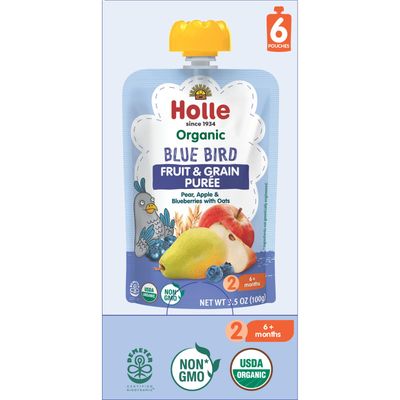 Holle Organic Baby Food Pouches - Blue Bird Baby Puree with Pear, Apple, Blueberry  Oat - (6 Pack) Organic Baby Snacks  Fruit and Veggie Pouches for Weaning Babies 6 Months and Older