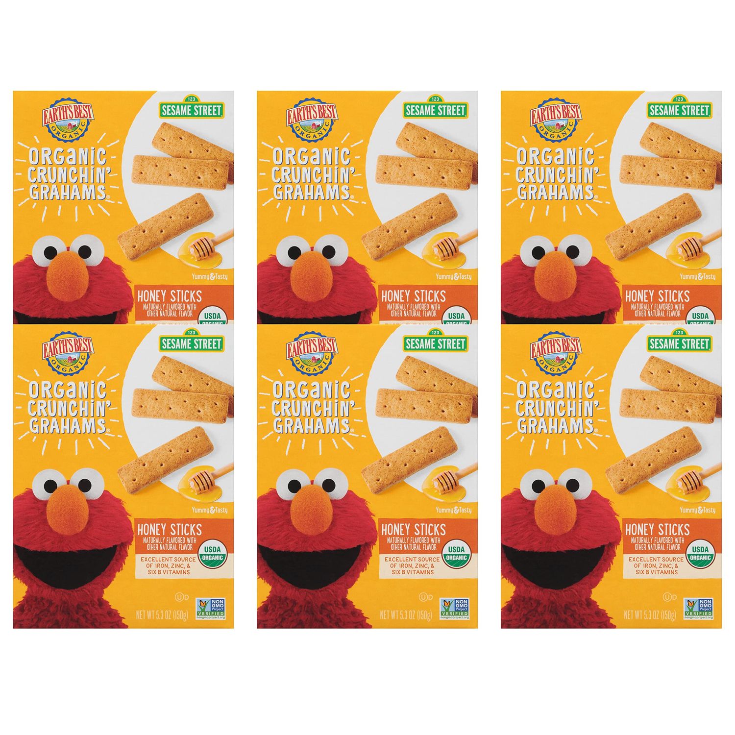 Earth's Best Organic Kids Snacks, Sesame Street Toddler Snacks, Organic Crunchin' Grahams for Toddlers 2 Years and Older, Honey Sticks with other Natural Flavors, 5.3 oz Box (Pack of 6)