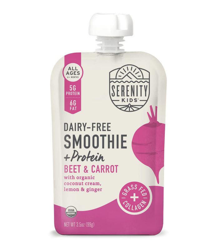Serenity Kids 6 Months Dairy-Free Smoothie Baby Food | USDA Organic | Grass Fed Collagen Protein | 3.5 Ounce BPA-Free Pouch | Beet  Carrot | 1 Count