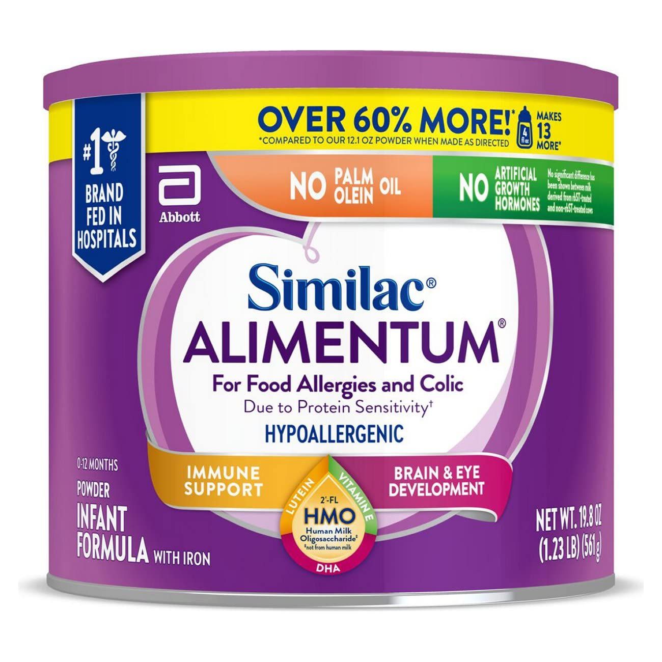 Similac Alimentum with 2-FL HMO Hypoallergenic Infant Formula, for Food Allergies and Colic, Suitable for Lactose Sensitivity, Baby Formula Powder, 19.8-oz Value Can