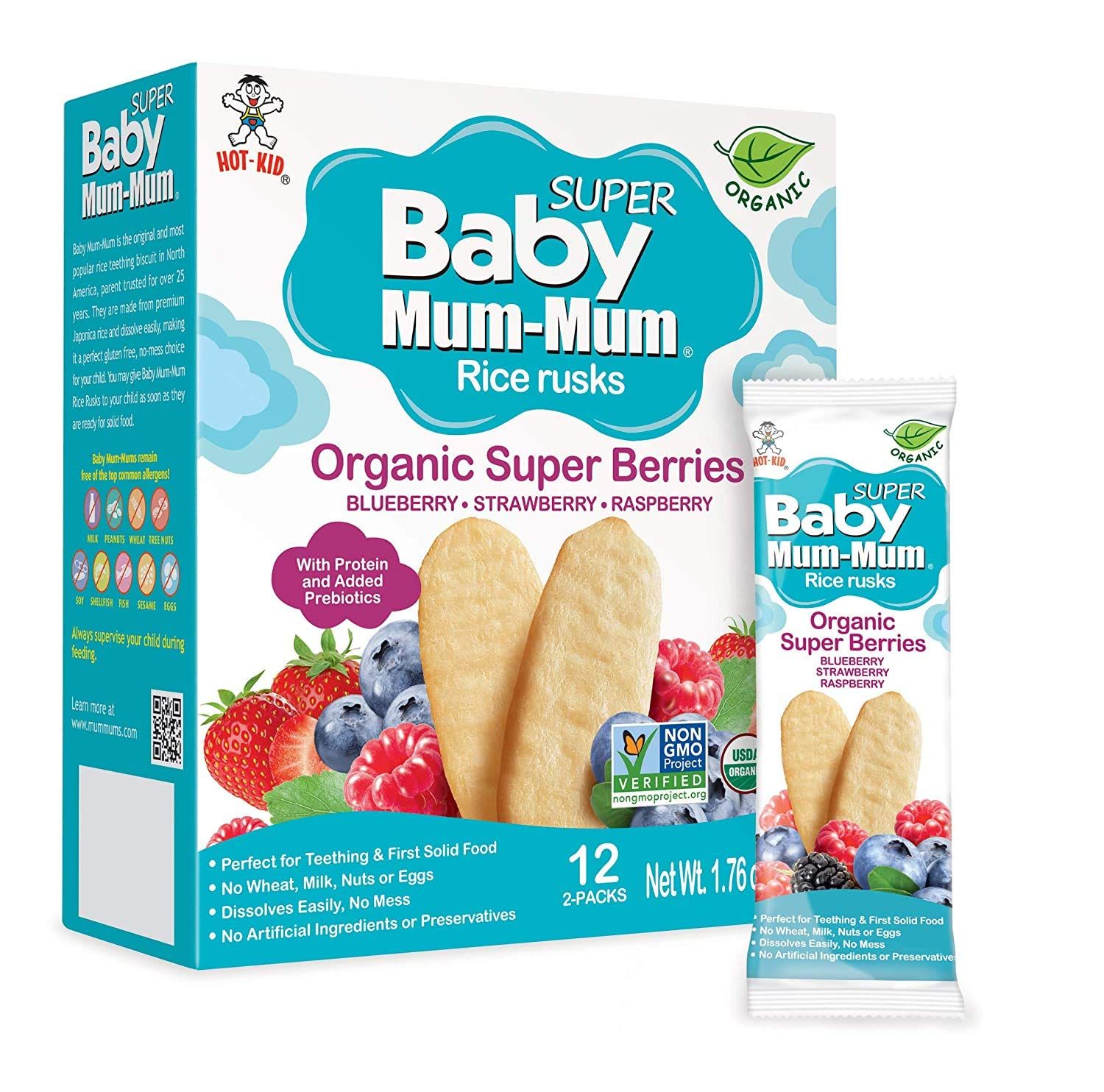BABY MUM-MUM Organic Rice Rusks Baby Snacks - Super Berries Flavor (Pack of 6) | Infant Teething Biscuits - Non-GMO, Gluten Free, Allergen Free