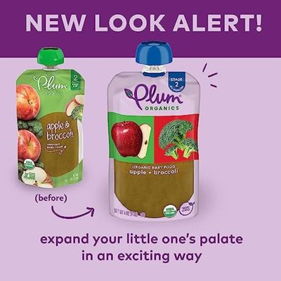 Plum Organics Stage 2 Organic Baby Food - Apple and Broccoli - 4 oz Pouch (Pack of 6) - Organic Fruit and Vegetable Baby Food Pouch
