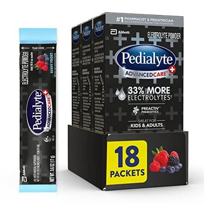 Pedialyte AdvancedCare Plus Electrolyte Powder, with 33 More Electrolytes and PreActive Prebiotics, Berry Frost, Drink Powder Packets, 0.6 oz, 18 Count