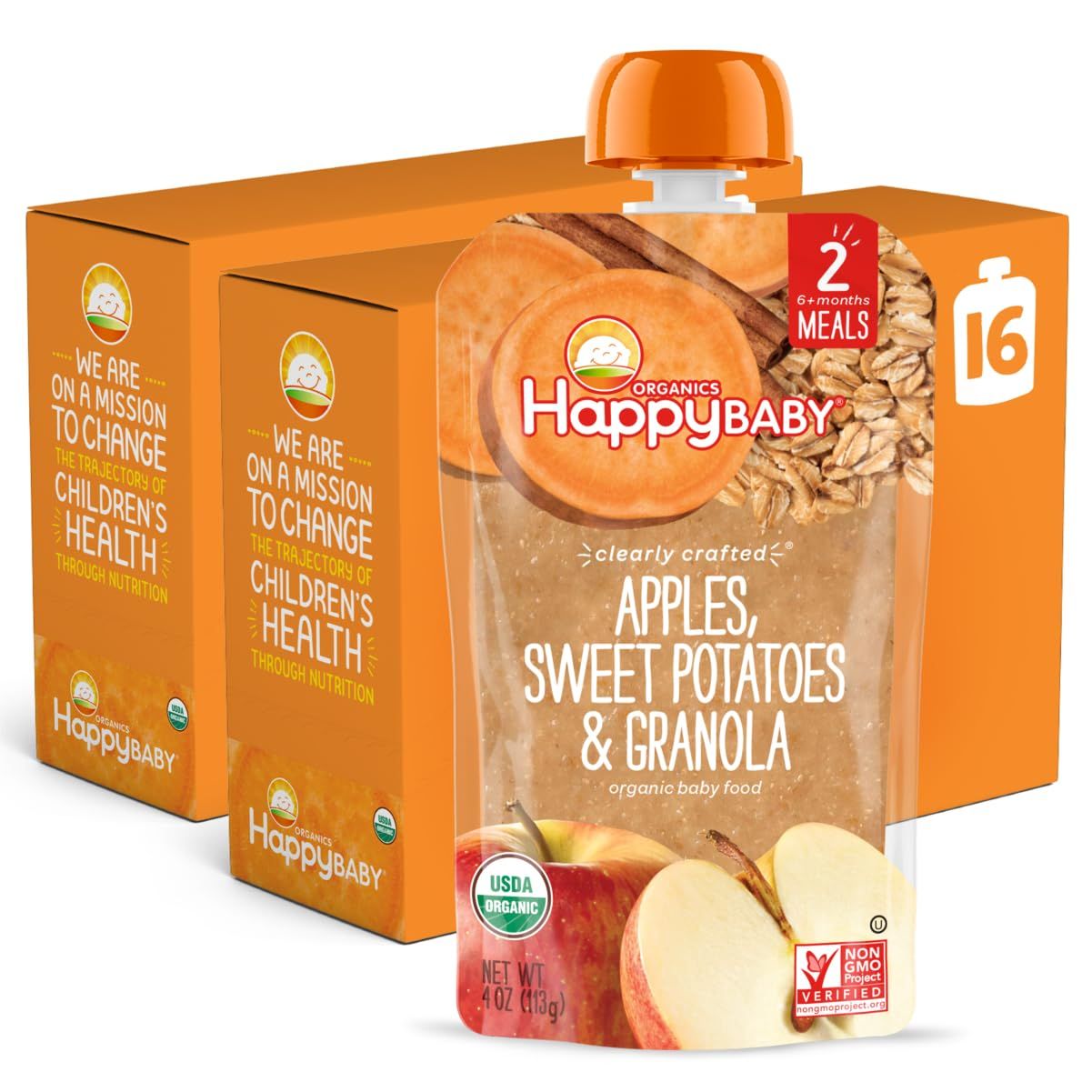 Happy Baby Organics Stage 2 Baby Food Pouches, Gluten Free, Vegan  Healthy Snack, Clearly Crafted Fruit  Veggie Puree, Apples, Sweet Potatoes  Granola, 4 Ounces (Pack of 16)