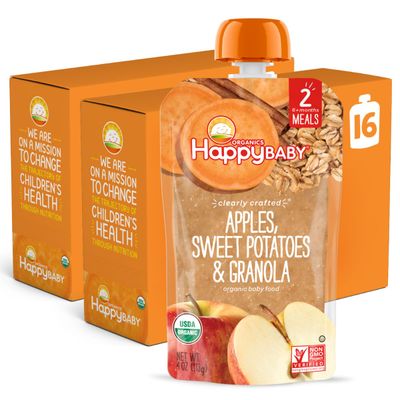 Happy Baby Organics Stage 2 Baby Food Pouches, Gluten Free, Vegan  Healthy Snack, Clearly Crafted Fruit  Veggie Puree, Apples, Sweet Potatoes  Granola, 4 Ounces (Pack of 16)