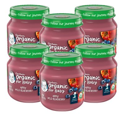 Gerber Purees Organic 2nd Foods Apple Wild Blueberry Baby Food Glass Jar (Pack of 6)