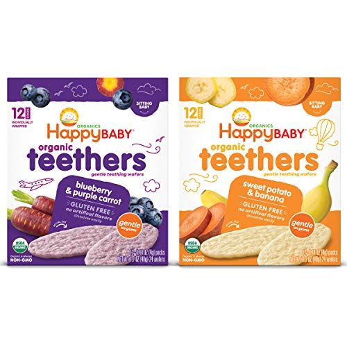 Happy Baby Organics Gluten Free Organic Teethers 2 Flavor Variety Pack (Blueberry  Purple CarrotSweet Potato  Banana), 12 Count (Pack of 2)