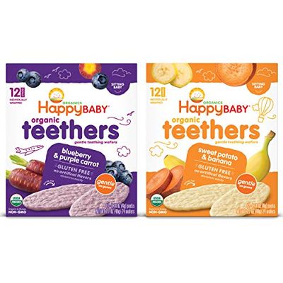 Happy Baby Organics Gluten Free Organic Teethers 2 Flavor Variety Pack (Blueberry  Purple CarrotSweet Potato  Banana), 12 Count (Pack of 2)
