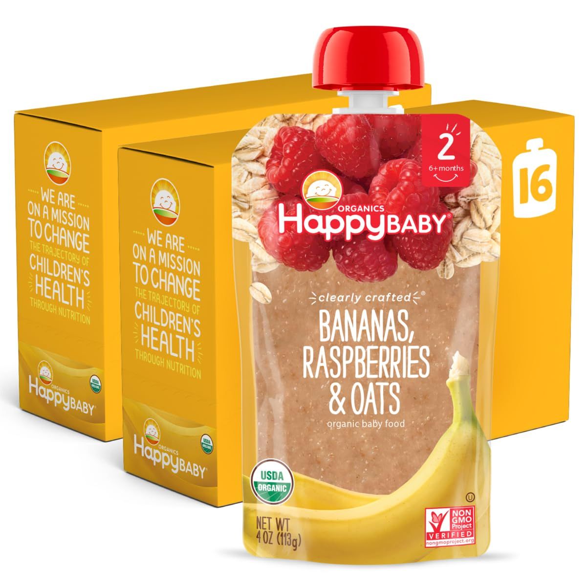 Happy Baby Organics Stage 2 Baby Food Pouches, Gluten Free, Vegan  Healthy Snack, Clearly Crafted Fruit  Veggie Puree, Bananas, Raspberries  Oats, 4 Ounces (Pack of 16)