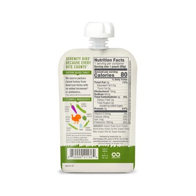 Serenity Kids 6 Months Baby Food Pouches Puree Made With Ethically Sourced Meats Organic Veggies | 3.5 Ounce BPA-Free Pouch | Pasture Raised Turkey Rosemary, Purple Carrot, Zucchini | 1 Count
