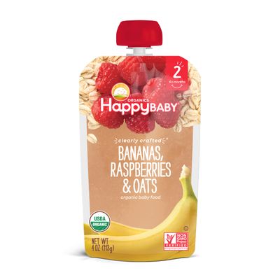 Happy Baby Organics Stage 2 Baby Food Pouches, Gluten Free, Vegan Healthy Snack, Clearly Crafted Fruit Veggie Puree, Bananas, Raspberries Oats, 4 Ounces (Pack of 16)
